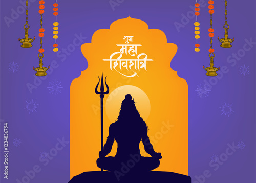 ‘Maha Shivratri’ Hindi calligraphy, Lettering means Lord Shiv Shankar, Temple background and Lord Shiva Illustration, Traditional Festival Poster Banner Design Template Vector Illustration