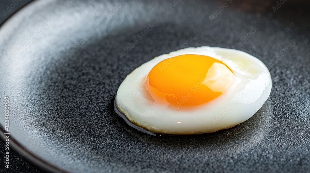 A fried egg with a bright yellow yolk sits on a black plate, showcasing its glossy texture against a modern culinary backdrop. A fried egg with a bright yellow yolk sits on a black plate, showcasing its glossy texture against a modern culinary backdrop.