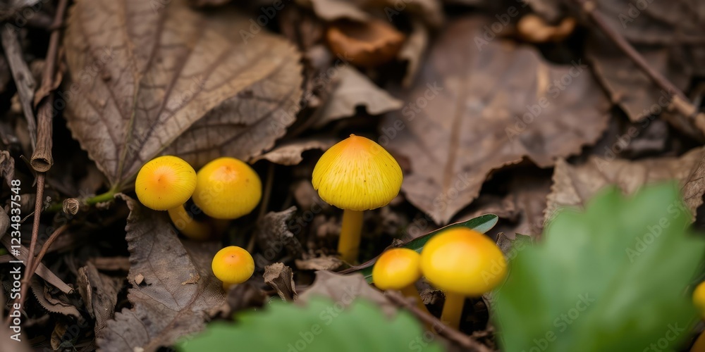 Small yellowish caps peeking out from beneath leaf litter, tiny fungi, tree roots Small yellowish caps peeking out from beneath leaf litter, tiny fungi, tree roots