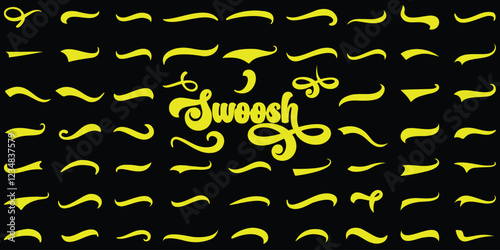 Yellow Swoosh collection. Set of hand lettering underlines lines. Swash and swooshes tails design typography elements.