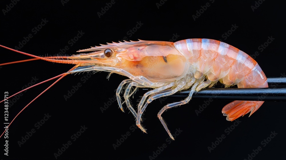 A close-up image of a shrimp resting on a pair of chopsticks, showcasing its vibrant colors and intricate details against a dark background. A close-up image of a shrimp resting on a pair of chopsticks, showcasing its vibrant colors and intricate details against a dark background.