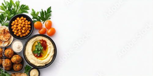 Wallpaper Mural Creamy hummus with chickpeas, tomatoes, and fresh herbs on white background Torontodigital.ca