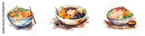 Watercolor set with ramen. Hand drawn illustration. Japanese food.