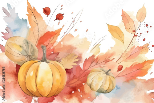 Watercolor background with pumpkin. Autumn season. Thanksgiving day illustrations. Harvest.