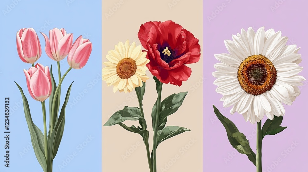 Fototapeta premium Three Mother's Day cards featuring vibrant flowers: pink tulips on a light blue background, red daisies on a beige backdrop, and white sunflowers on a pastel purple surface