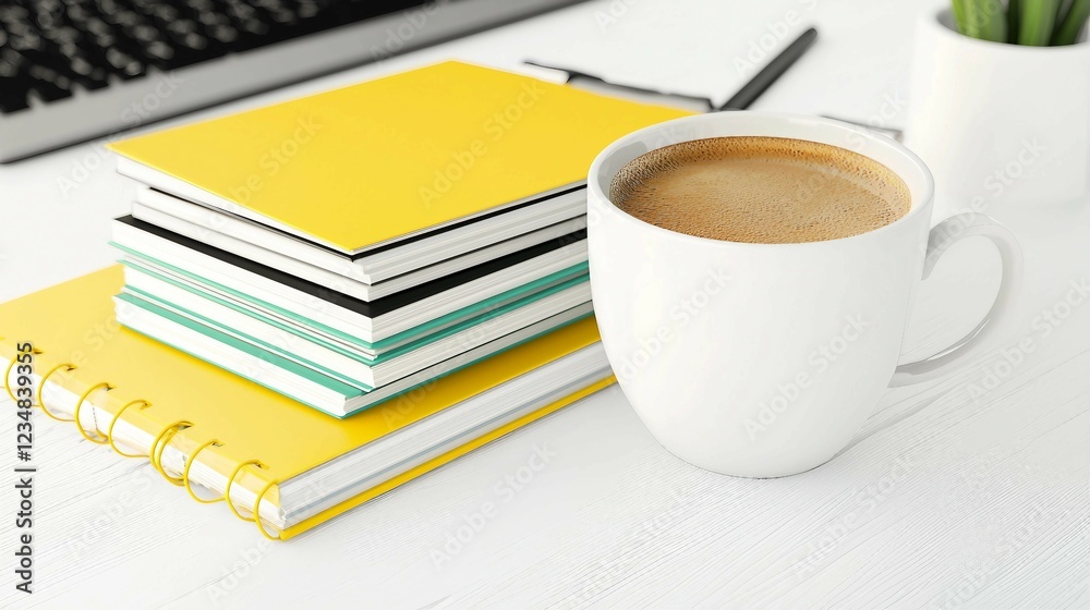 Coffee Cup with Notebooks on Desk Workspace for Creative Professionals Coffee Cup with Notebooks on Desk Workspace for Creative Professionals