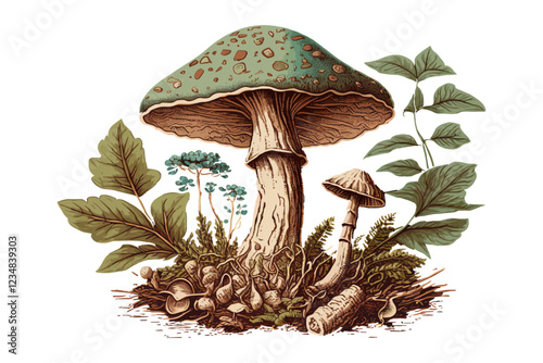 Hand draw background with mushroom. Amanita illustration.