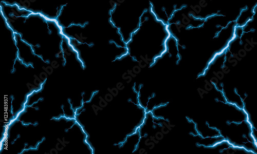 Bright blue lightning bolts on black background create striking visual effect, showcasing power and energy of nature. dynamic patterns evoke sense of excitement and intensity