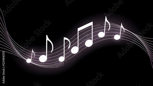 Musical Wave: Elegant white musical notes dance along a flowing, ethereal wave against a deep black background, creating a visually captivating image perfect for music-related projects.
