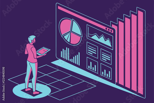  Vibrant neon data visualization, holographic pie chart and bar graph, futuristic statistics display, dark background with pink and blue gradient, reflective surface, 3D render, cyberpunk aesthetic