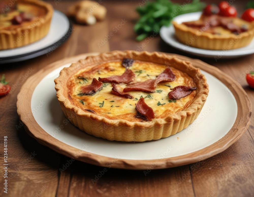 Quiche with fried smoked bacon on the edge of a plate , dessert, kitchenware, egg dish Quiche with fried smoked bacon on the edge of a plate , dessert, kitchenware, egg dish