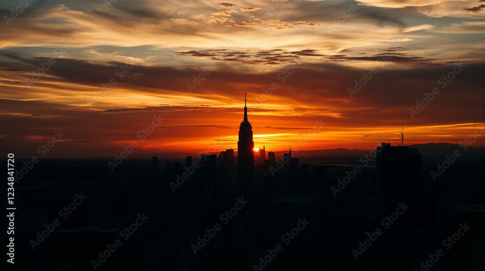Obraz premium Fiery sunset illuminating city skyline with prominent skyscraper silhouette