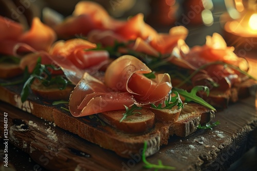 Rustic open-faced sandwich with prosciutto and arugula photo