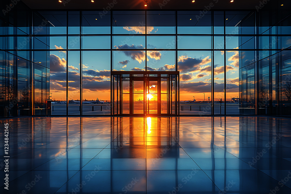 Fototapeta premium Modern Airport Terminal at Sunset, Reflecting Tranquility
