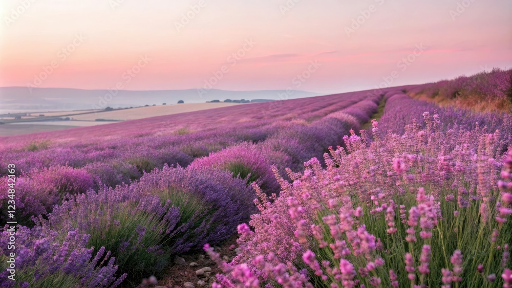 Obraz premium Pink and purple lavender fields in full bloom against a soft pink background, petals, serene
