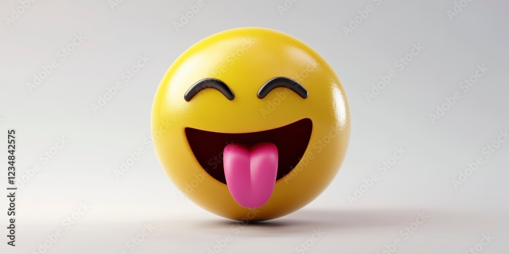 Fototapeta premium 3D render of a yellow, happy emoji with its tongue out, against a white background