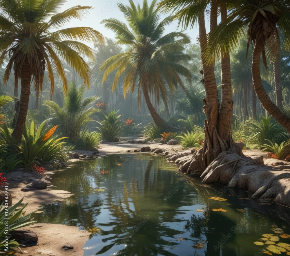 Palm tree trunk fragments and cut branches scattered around a small pond , forest, water, leaves Palm tree trunk fragments and cut branches scattered around a small pond , forest, water, leaves