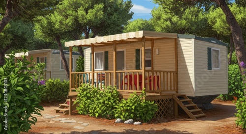 Cozy mobile homes nestled among lush greenery in a serene campsite