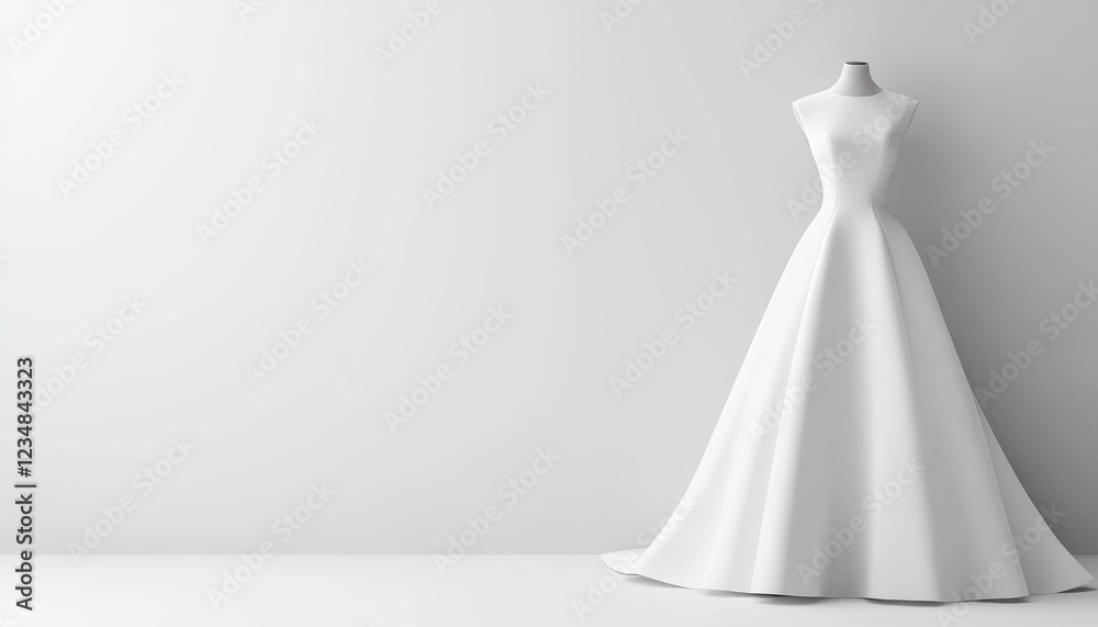 A sleek white gown displayed elegantly on a dress form against a minimalist background, showcasing its graceful silhouette. A sleek white gown displayed elegantly on a dress form against a minimalist background, showcasing its graceful silhouette.
