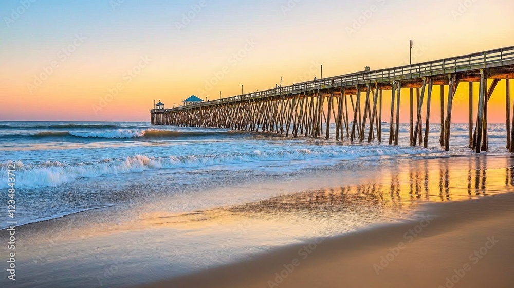 Coastal sunrise pier, ocean waves, sandy beach, tranquil sunset, travel postcard Coastal sunrise pier, ocean waves, sandy beach, tranquil sunset, travel postcard