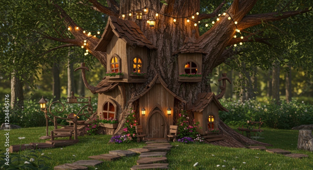 Fototapeta premium Enchanted treehouse with glowing lights in a lush forest setting