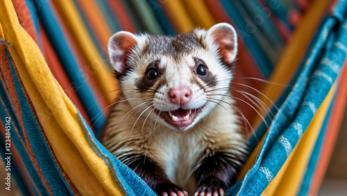 A mischievous ferret lounging in a cozy hammock, gazing playfully at the camera. Its adorable expression and relaxed pose create a heartwarming and joyful scene.