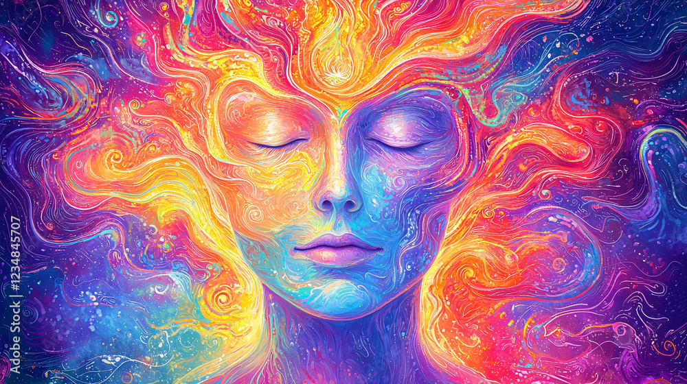 An illustration of a serene person with closed eyes, embraced by a Divine Universal Force, depicted in a colorful fresco style with soft, flowing details and radiant hues. An illustration of a serene person with closed eyes, embraced by a Divine Universal Force, depicted in a colorful fresco style with soft, flowing details and radiant hues.