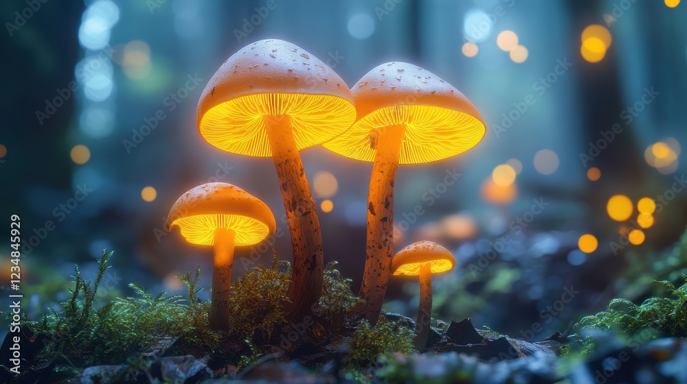 Fototapeta premium Group of mushrooms on moss in a deep forest showcasing natural beauty and tranquility