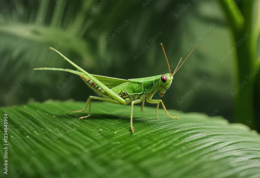 A tiny green grasshopper perched on the surface of a palm leaf, wildlife photography, insect in palm, small animal A tiny green grasshopper perched on the surface of a palm leaf, wildlife photography, insect in palm, small animal