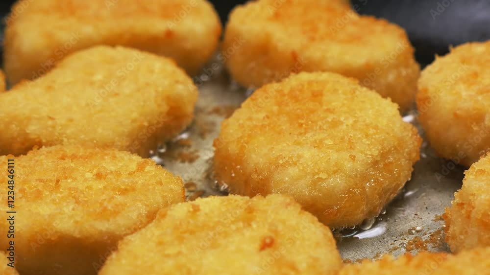 Chicken nuggets are fried in a frying pan in boiling oil Chicken nuggets are fried in a frying pan in boiling oil