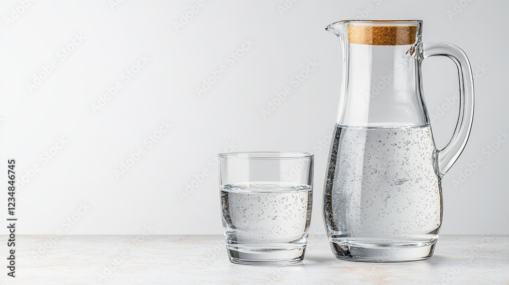 Clear Glass Pitcher and Tumbler of Water on White Counter Clear Glass Pitcher and Tumbler of Water on White Counter