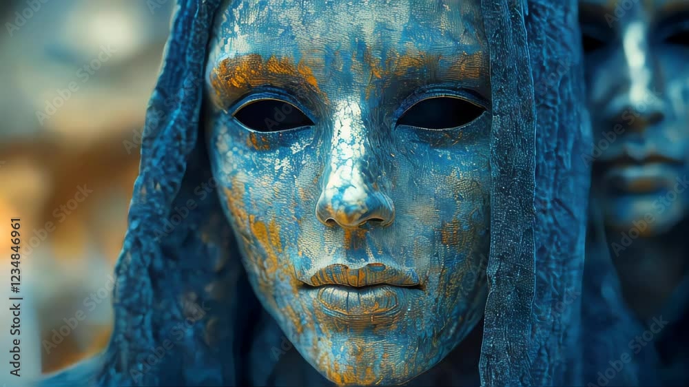 A mysterious masked figure with a weathered, metallic texture and dark hood, evoking secrecy and mystery A mysterious masked figure with a weathered, metallic texture and dark hood, evoking secrecy and mystery