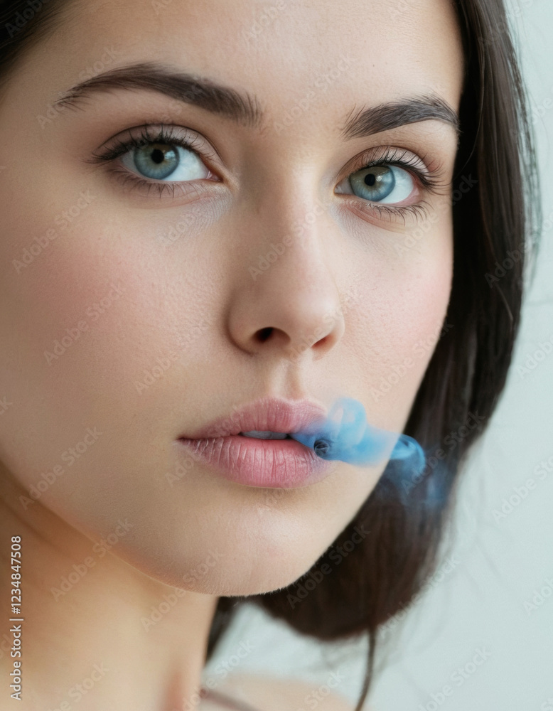 Close-up of a young woman exhaling pale blue smoke against a white background. Soft lighting casts gentle shadows, highlighting her features. Dark hair contrasts with the light smoke, evoking solitude Close-up of a young woman exhaling pale blue smoke against a white background. Soft lighting casts gentle shadows, highlighting her features. Dark hair contrasts with the light smoke, evoking solitude