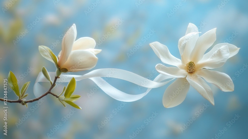 Fototapeta premium Delicate Magnolia Blossoms Connected By A White Ribbon