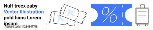 Discount voucher, flight tickets, and suitcase conveying travel savings, holiday deals, and trip preparation. Ideal for travel promotions, tourism, vacations, budgeting discounts holiday planning
