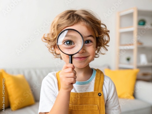 Happy kid looking through magnifying glass, A boy hold a magnifying glass and look through with living room background. Concept for Searching, Studying, Finding