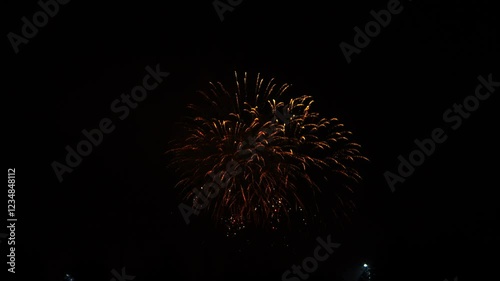 gold red pink sparks scattering fireworks on black night sky.
