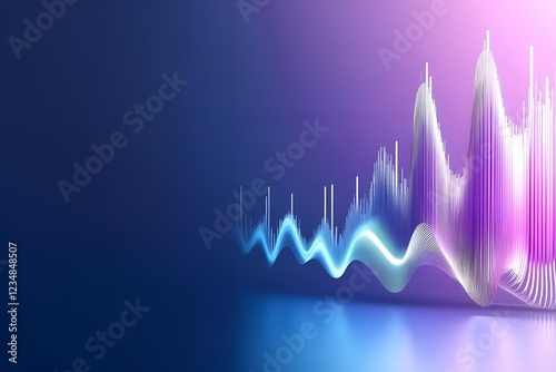 
Abstract sound wave visualization with glowing blue and purple gradient, symbolizing digital audio, music frequency, and futuristic data analysis