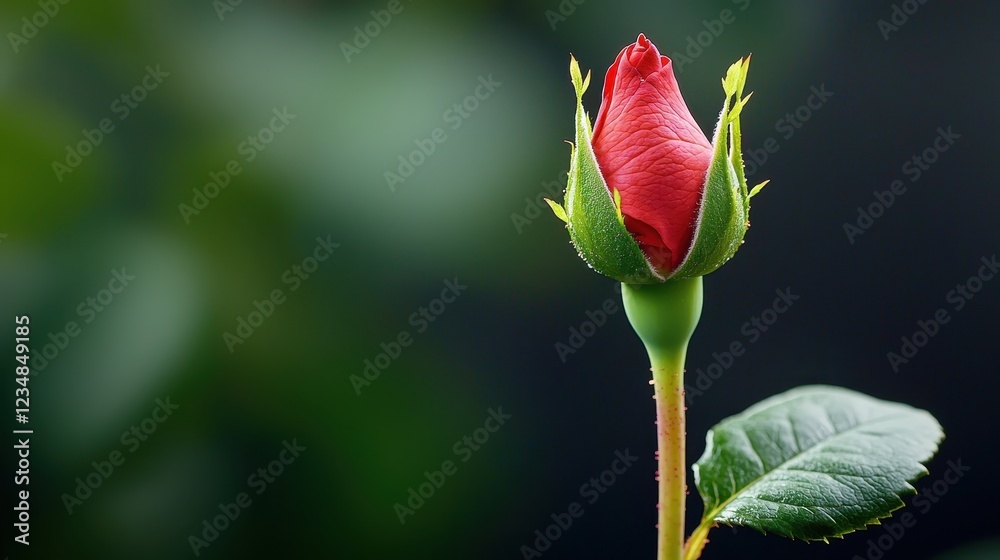 A close-up of a red rosebud with green leaves against a blurred background. A close-up of a red rosebud with green leaves against a blurred background.