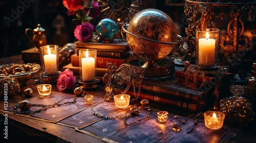 still life with candles and globe representing divination mood in vintage style with golden colors