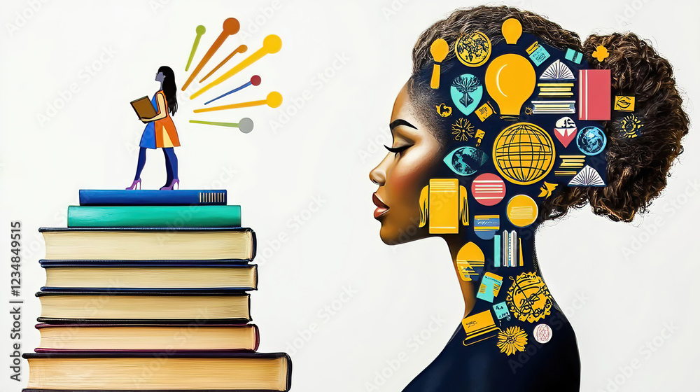 Fototapeta premium Women history honors heritage and diversity. It marks progress and inspires celebration. Woman Reading on Books with Creative Thought Illustration