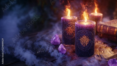 esoteric candles with mystical atmosphere and amethyst crystals on dark background with copy space
