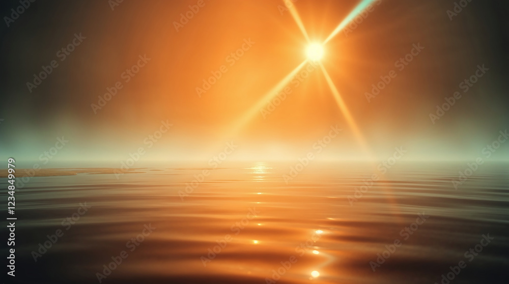 Fototapeta premium Bright orange sun shining over calm ocean water with light rays