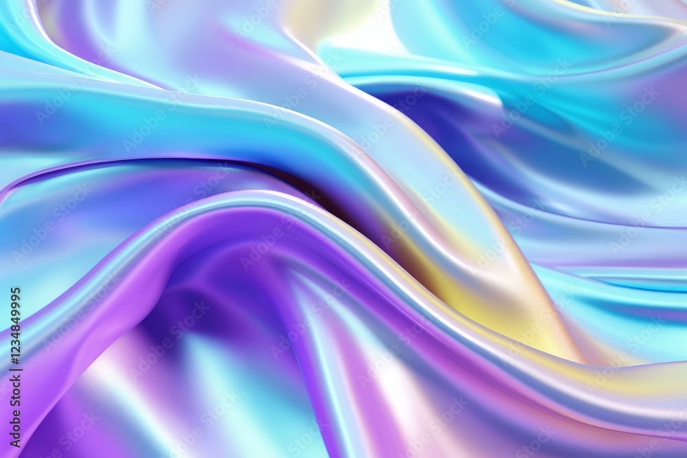 Obraz premium Smooth elegant holographic iridescent multicolored flowing fabric forming abstract waves