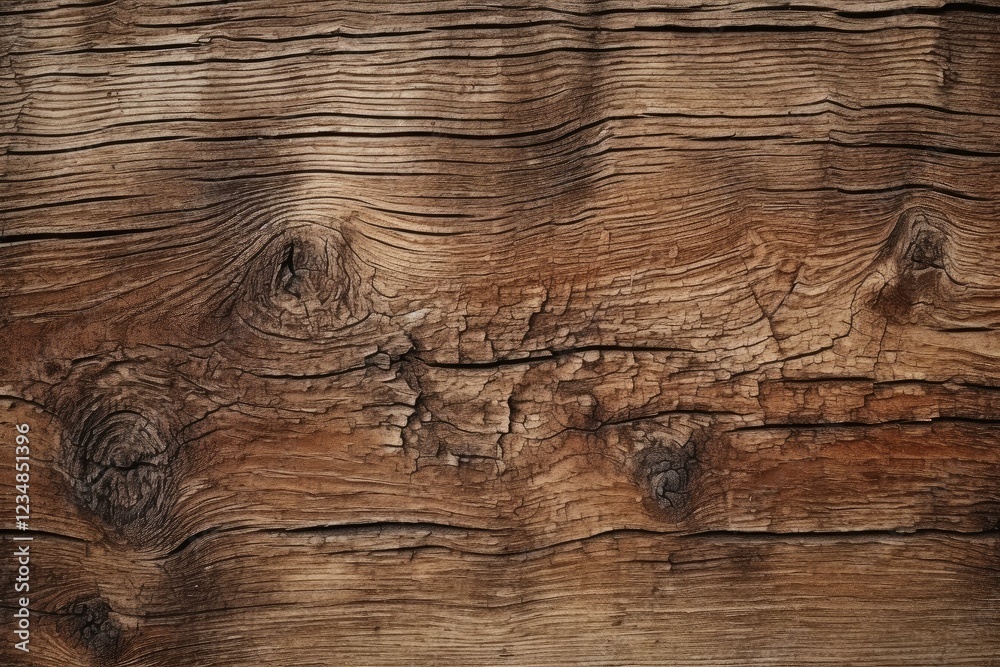 Close up of an old wooden plank revealing its rich texture, characterized by knots, cracks, and the effects of weathering Close up of an old wooden plank revealing its rich texture, characterized by knots, cracks, and the effects of weathering