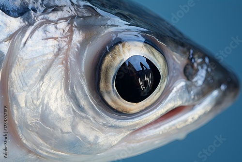 Extreme close up of fish head highlighting eye and intricate skin texture on blue background photo