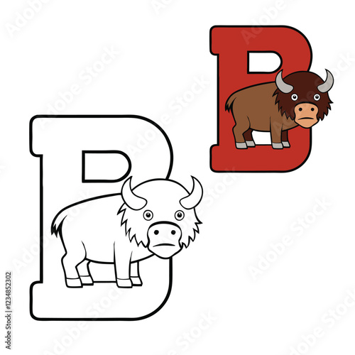 Alphabet letter "B" with a bison coloring page featuring a bold uppercase "B" and a detailed bison illustration, perfect for kids to color and learn the letter "B."