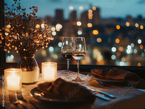 Romantic Dinner with City View: A romantic table setting for two, complete with wine glasses, candles, and a stunning city view at night. The ambiance is intimate and luxurious.