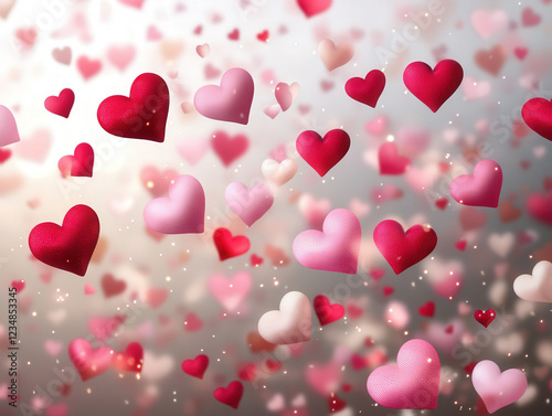 Heartfelt Celebration: A flurry of pink and red hearts dances in the air, creating a vibrant and romantic atmosphere perfect for Valentine's Day or any romantic occasion.