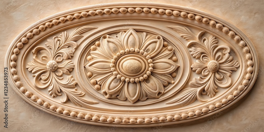 Intricate Ornate Wood Carving with a Central Floral Motif and Decorative Beading Surrounding the Design